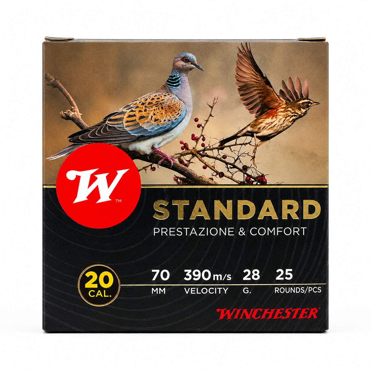 Scatola Winchester Standard 28G Calibro 20 bossolo 70 mm velocità 390 m/s piombo 7 e 9